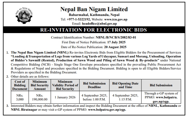 Re-invitation For Bids For Loading, Transportation, Sawmill Operation, And Production Of Sawn Wood And By-products