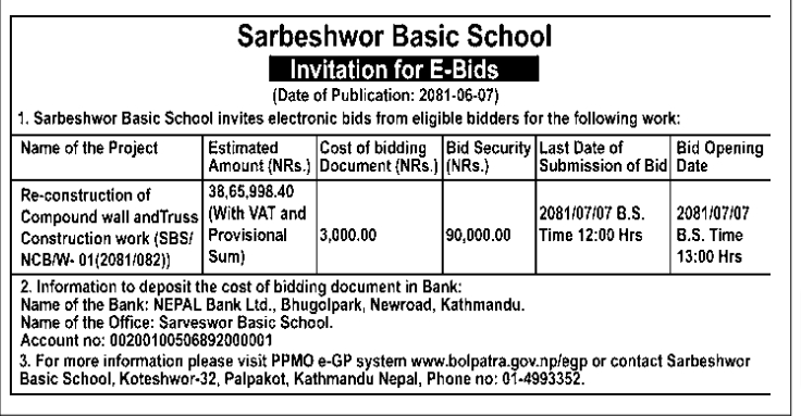 Invitation for E-Bids for Re-construction of Compound wall and Truss Construction work