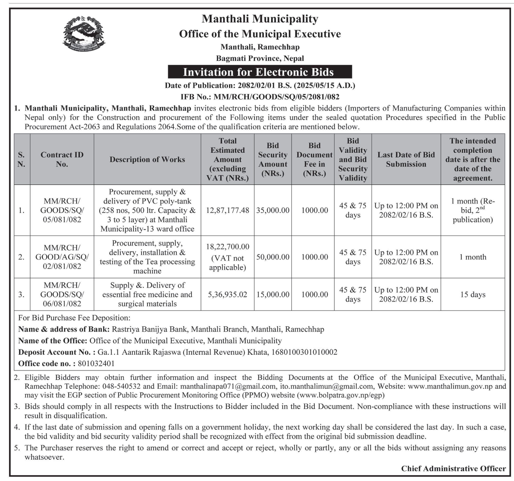 Invitation for Electronic Bids for Procurement, Supply and Delivery and Installation Works
