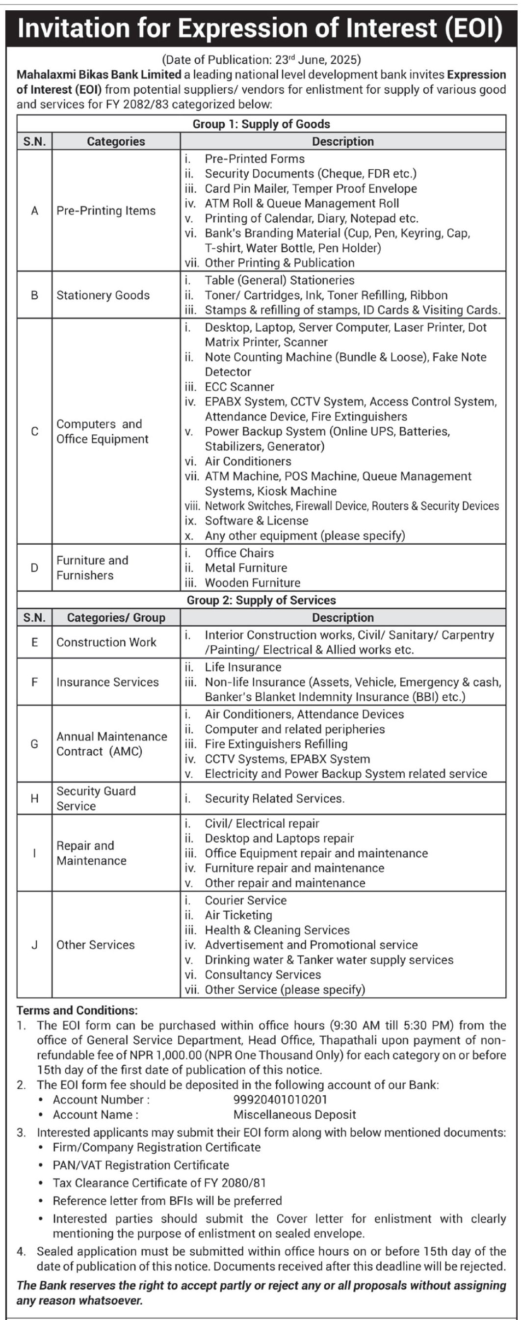 Invitation For Expression Of Interest (EOI) For Enlistment Of Suppliers And Service Providers