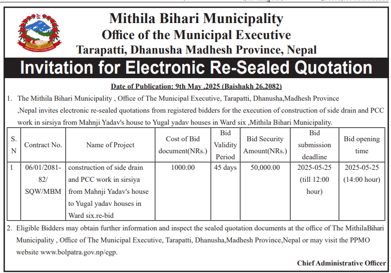 Invitation for Electronic Re-Sealed Quotation for Construction of Side Drain and PCC Works