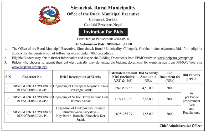 Invitation For Bid For Upgrading Of Various Roads In Siranchok Rural Municipality, Gorkha