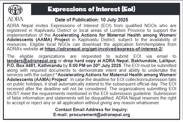 Call For Expressions Of Interest (Eoi) For Local Ngos To Support Aama Project In Kapilvastu