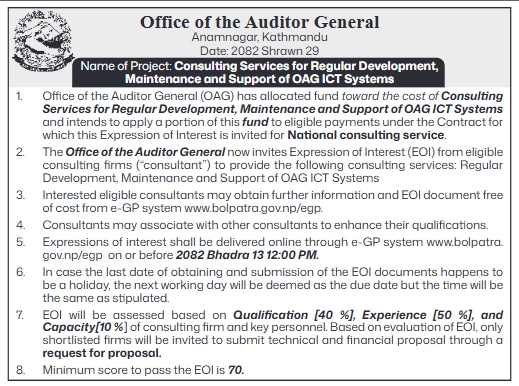 Invitation For Expression Of Interest For Consulting Services For Regular Development, Maintenance And Support Of Oag Ict Systems