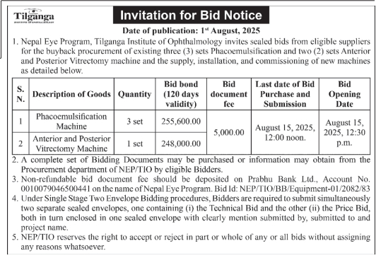 Invitation For Bid For The Buyback And Procurement Of Ophthalmic Equipment