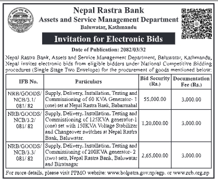 Invitation For Bids For Supply, Delivery, And Installation Of Generators