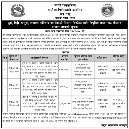 ढुङ्गा, गिट्टी, बालुवा लगायत नदीजन्य पदार्थको लिलाम बिक्रीका लागि विद्युतीय बोलपत्र आव्हान