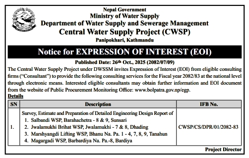 Invitation For Expression Of Interest (EOI) For Survey, Estimation, And Preparation Of Detailed Engineering Design Reports Of Various Water Supply Projects Under Cwsp, Panipokhari, Kathmandu