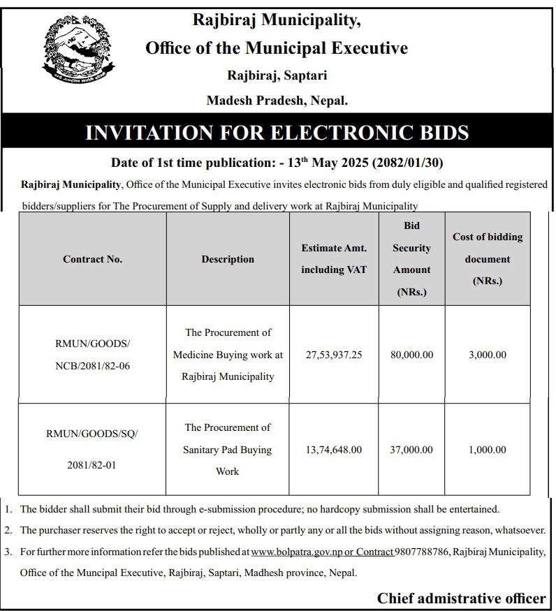 Invitation for Electronic Bids for Procurement of Medicine and Sanitary Pads