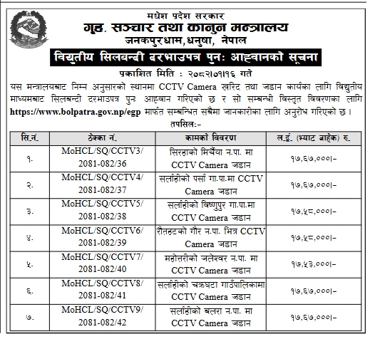 CCTV Camera खरिद तथा जडान कार्यका लागि विद्युतीय सिलबन्दी दरभाउपत्र पुनः आह्वानको सूचना