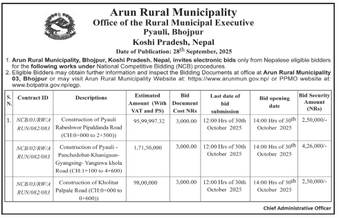 Invitation For Bids For Construction Of Roads In Arun Rural Municipality, Bhojpur