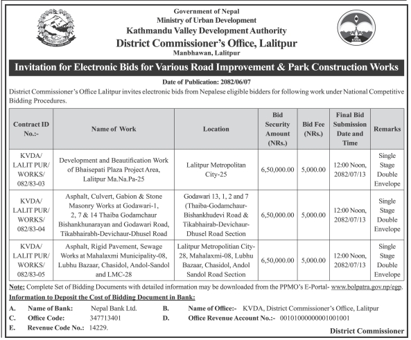 Invitation For Electronic Bids For Various Road Improvement & Park Construction Works, Kvda, Lalitpur