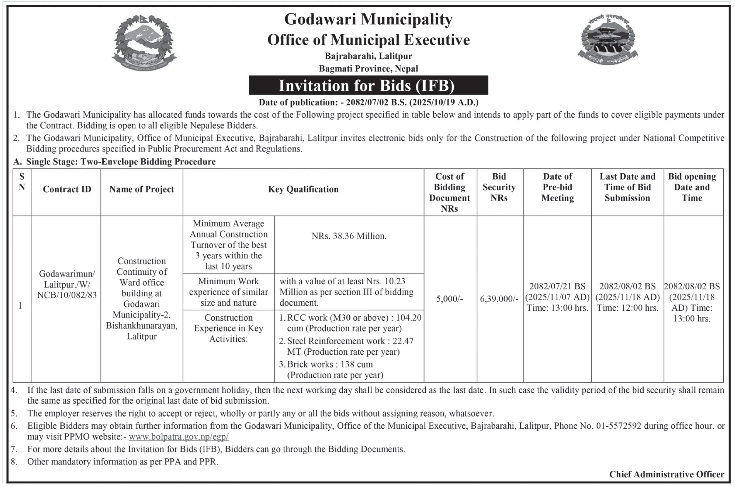 Invitation For Bid For Construction Continuity Of Ward Office Building At Godawari Municipality–2, Bishankhunarayan, Lalitpur