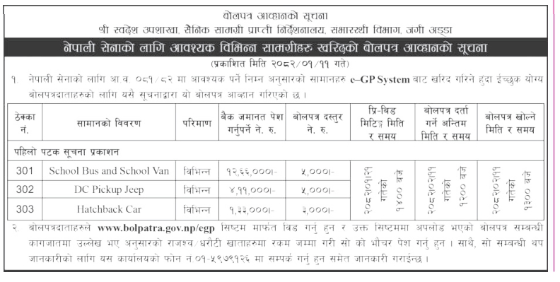 नेपाली सेनाको लागि आवश्यक विभिन्न सामग्रीहरु खरिदको बोलपत्र आव्हानको