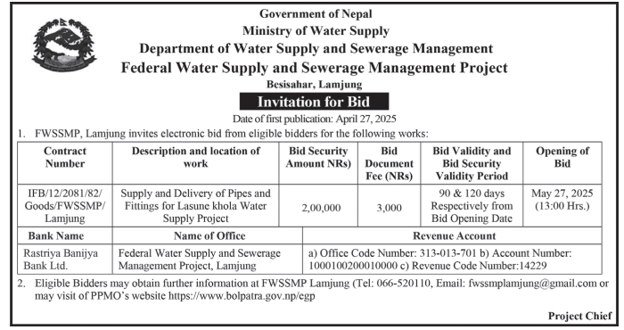 Invitation for Bid for Supply and Delivery of Pipes and Fittings