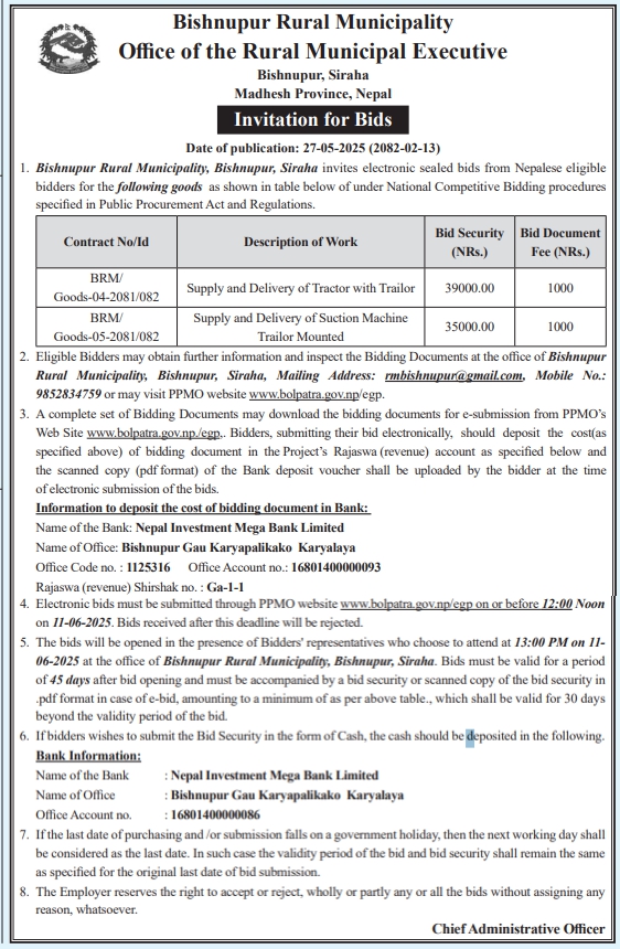 Invitation For Bids For Supply And Delivery Of Tractor With Trailer And Suction Machine Trailer Mounted