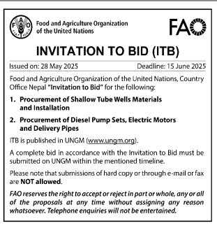 Invitation To Bid (ITB) For Procurement And Installation Of Shallow Tube Wells, Diesel Pump Sets, Electric Motors, And Delivery Pipes