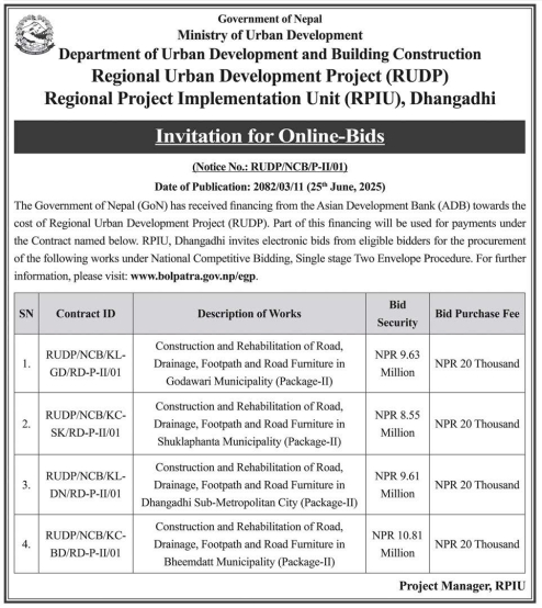Invitation For Online Bids For Road, Drainage, Footpath, And Road Furniture Construction And Rehabilitation