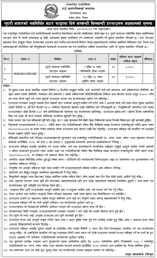 सिलबन्दी दरभाउपत्र आव्हान सूचना – गुदरी बजारस्थित नवनिर्मित सटर बहाल बन्दोबस्त सम्बन्धी