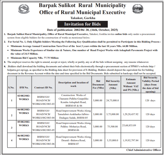 Invitation For Bids For Road Construction Works In Barpak Sulikot Rural Municipality