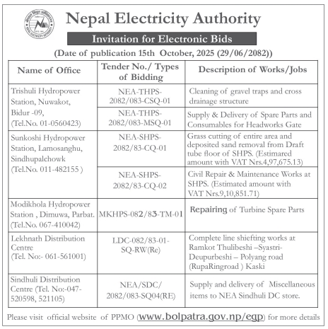 Invitation For Electronic Bids For Hydropower And Distribution Station Works By Nepal Electricity Authority