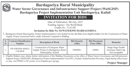 Invitation For Bids For Construction Of Gairigan Water Supply Project In Bardagoriya Rural Municipality, Kailali