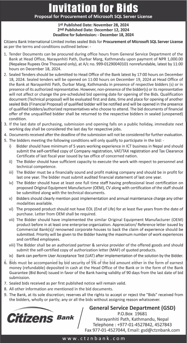 Invitation for Bids - Proposal for Procurement of Microsoft SQL Server License
