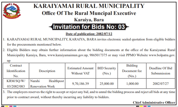 Invitation For Electronic Sealed Quotation For Renovation Work At Narahi Healthpost