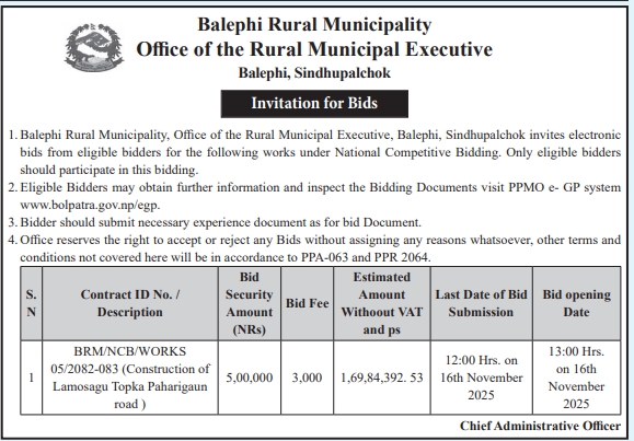 Invitation For Bids For Construction Works In Balephi Rural Municipality, Sindhupalchok