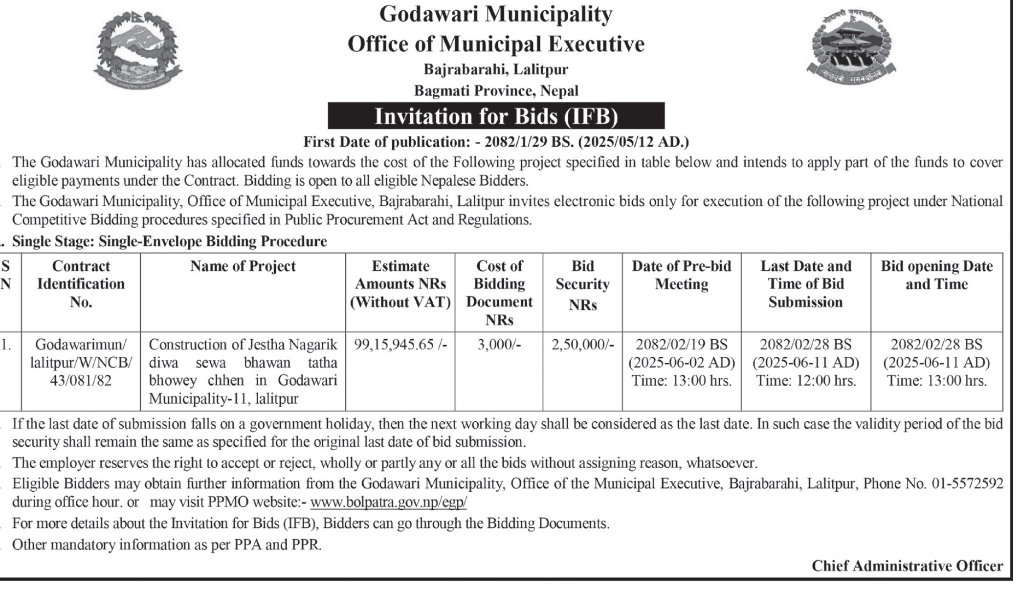 Invitation for Bids for Construction of Jestha Nagarik Diwa Sewa Bhawan