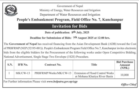 Invitation For Bids For Extension Of Flood Control Works At Mohana Khutiya River Basin