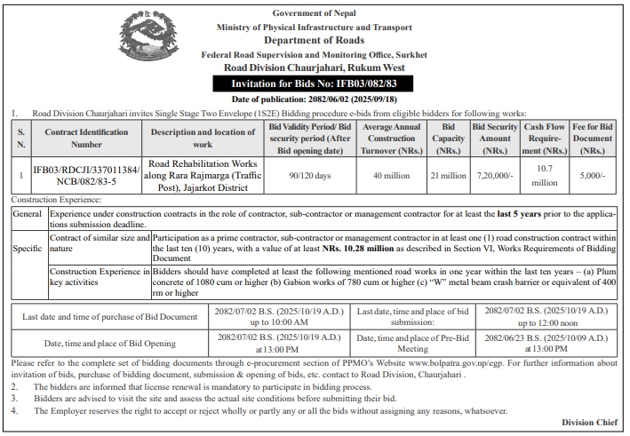 Invitation For Bid For Road Rehabilitation Works Along Rara Rajmarga, Jajarkot District