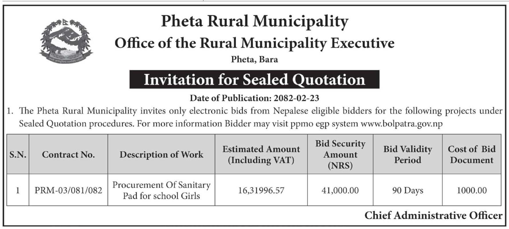 Invitation For Sealed Quotation For Procurement Of Sanitary Pad For School Girls