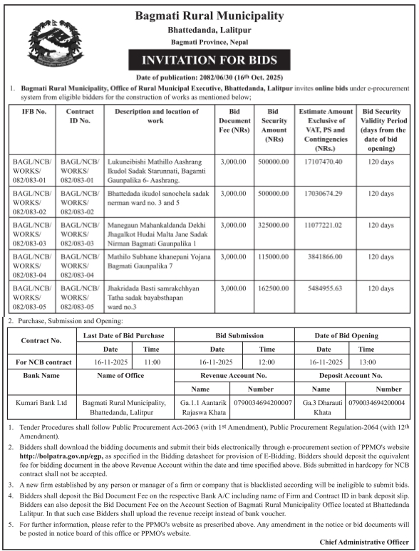 Invitation For Electronic Bids For Road And Water Supply Construction Works In Bagmati Rural Municipality