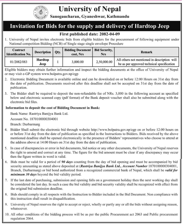 Invitation For Bids For The Supply And Delivery Of Hardtop Jeep