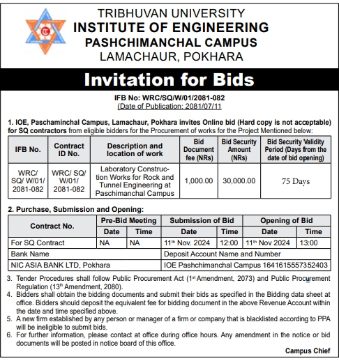 Invitation for Bids for Laboratory Construction Works for Rock and Tunnel Engineering at Paschimanchal Campus