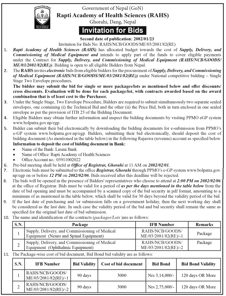 Invitation for Bids for Supply, Delivery, and Commissioning of Medical Equipment