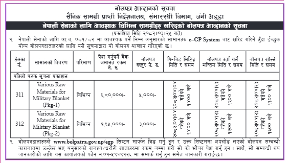 सैनिक कम्बल उत्पादनका लागि विभिन्न कच्चा पदार्थ खरिद सम्बन्धी बोलपत्र आव्हान