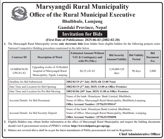 Invitation For Electronic Bids For Upgrading Works Of 10-bedded Hospital