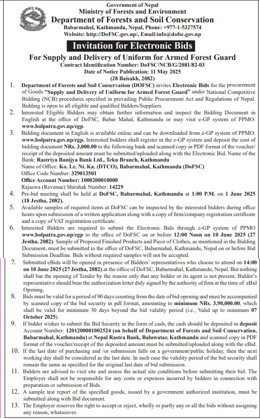 Invitation for Electronic Bids For Supply and Delivery of Uniform for Armed Forest Guard
