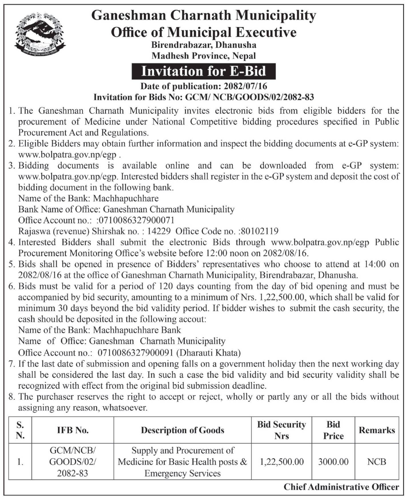 Invitation For Electronic Bids For The Supply And Procurement Of Medicines