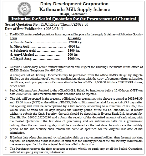 Invitation For Sealed Quotation For Procurement Of Chemicals For Kathmandu Milk Supply Scheme, Balaju