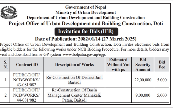Invitation for Bids for Re-Construction Works of District Jail and Basin Management Center in Baitadi