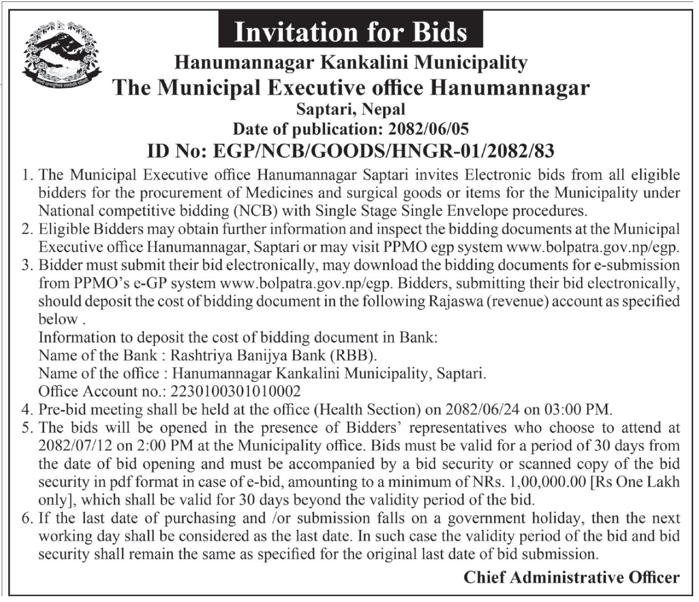 Invitation For Bids For Procurement Of Medicines And Surgical Goods