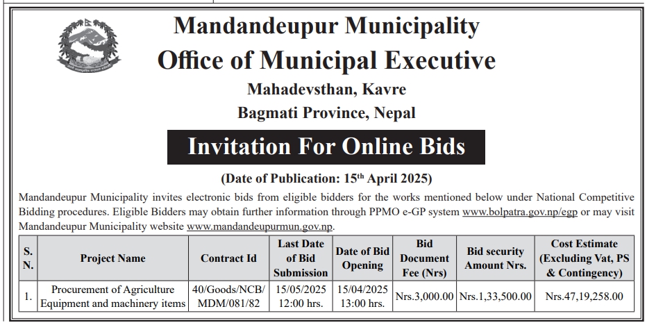 Invitation For Online Bids for Procurement of Agriculture Equipment and Machinery Items