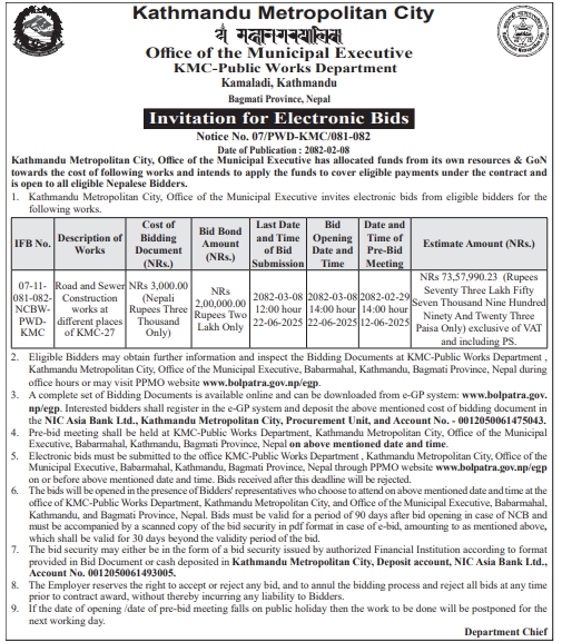 Invitation For Electronic Bids For Road And Sewer Construction Work