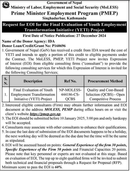 Request for EOI for the Final Evaluation of Youth Employment Transformation Initiative (YETI) Project