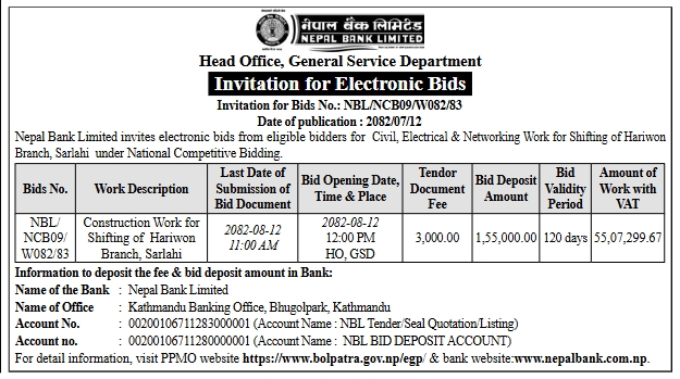 Invitation For Bid For Civil, Electrical & Networking Works For Shifting Of Hariwon Branch, Sarlahi