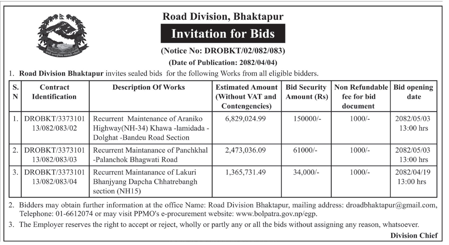 Invitation For Bids For Recurrent Road Maintenance Works