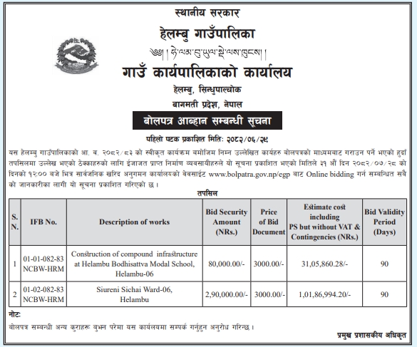 हेलम्बु गाउँपालिका, सिन्धुपाल्चोकमा निर्माण कार्यका लागि बोलपत्र आह्वान